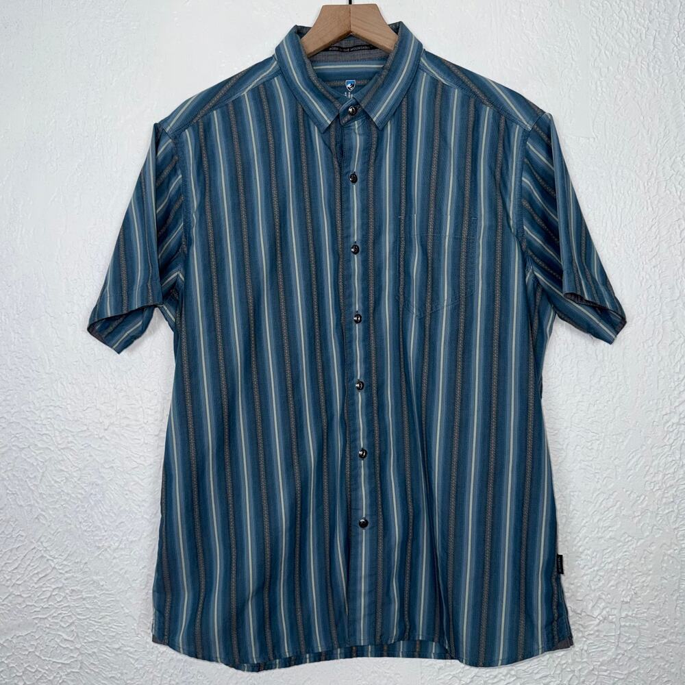 Kuhl Men's The Bohemian Short Sleeve Button Up Shirt Blue Stripe Size Large
